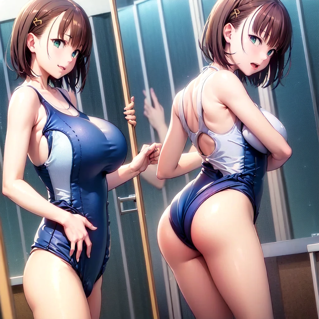 Warp Day,In summer,In the pool, B\Upright immobile posture,hand_Down, g p((((((School Swimsuit)))))),(Big Breasts),((Thighs)), Y4Sについて(brown_short_hair), (green_eye:1.0),(前hair),disheveled hair,(hairclip), ҂r[1 girl,alone, manga,20-year-old,Mature Woman, Beautiful fingers, Beautiful long legs, Beautiful body, Beautiful Nose, Beautiful character design, perfect eye, Perfect Face, Japanese, Cosplay, (chest), Random Pause, ((No Hands)),)), (Browsing Caution)