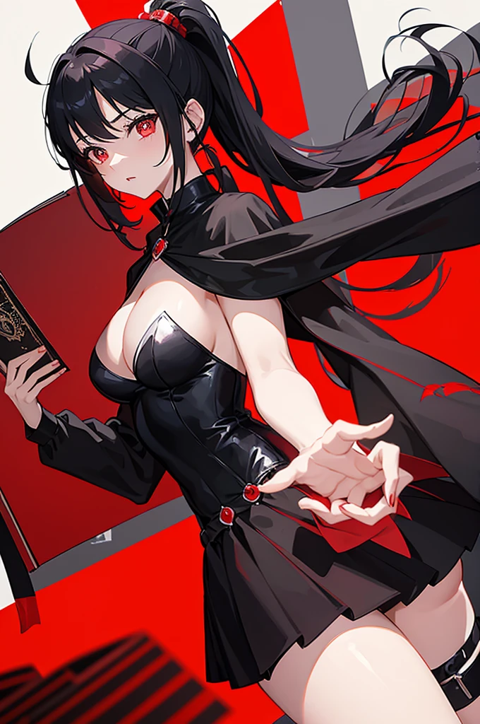 A girl in a red goth costume, double ponytail black hair, red pupils, leafing through a large black book with a magic twist,