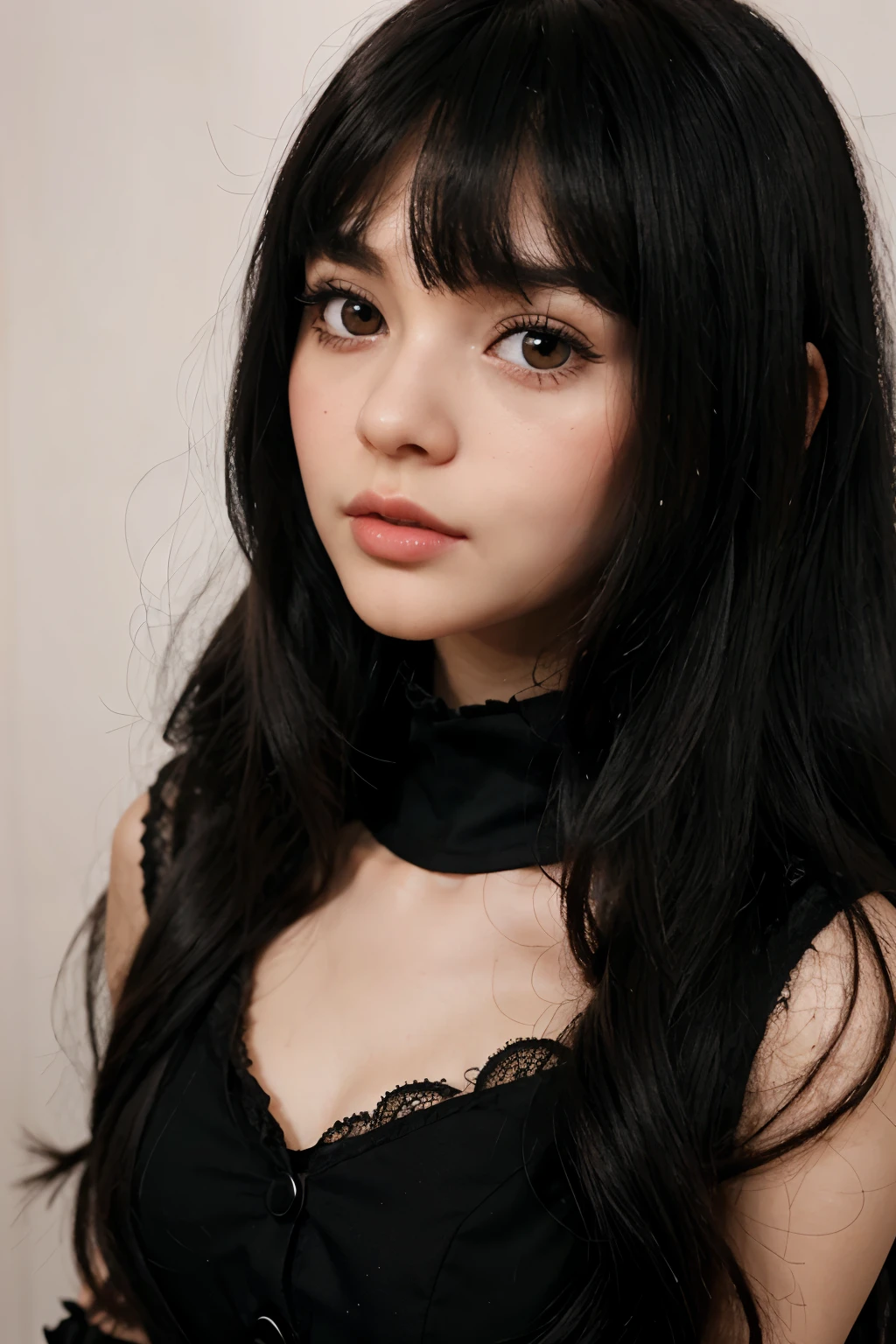a blythe doll with long black hair with a bangs, a thin almond eyes, thin and small heart shaped lips with a diamond face
