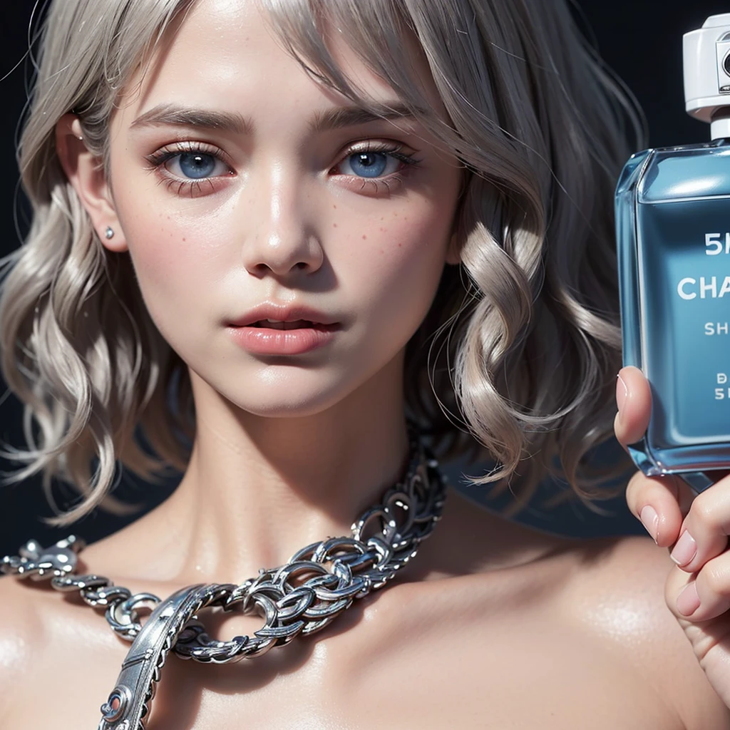 ((top-quality, Photorealsitic:1.4, masterpiece:1.3, RAW Photography:1.2, cinematric light, very detailed illustration), , (ultra delicate face, ultra Beautiful fece, ultra delicate eyes, ultra detailed nouse, ultra detailed mouth, ultra detailed facial features), (medium breast:1.3), lipgloss,
a beautiful woman, ((gray hair)), ((short bob cut)), hair in 7 thirds, light blue eyes, detailed skin, freckled skin, 20 years old, ((wavy hair)), ((hair over one ear)), ((Forehead)), ((1girl, solo)),　((CHANEL No,5 , Perfume)), ((CHANEL No,5 , perfume)), ((holding bottle of perfume near face))
