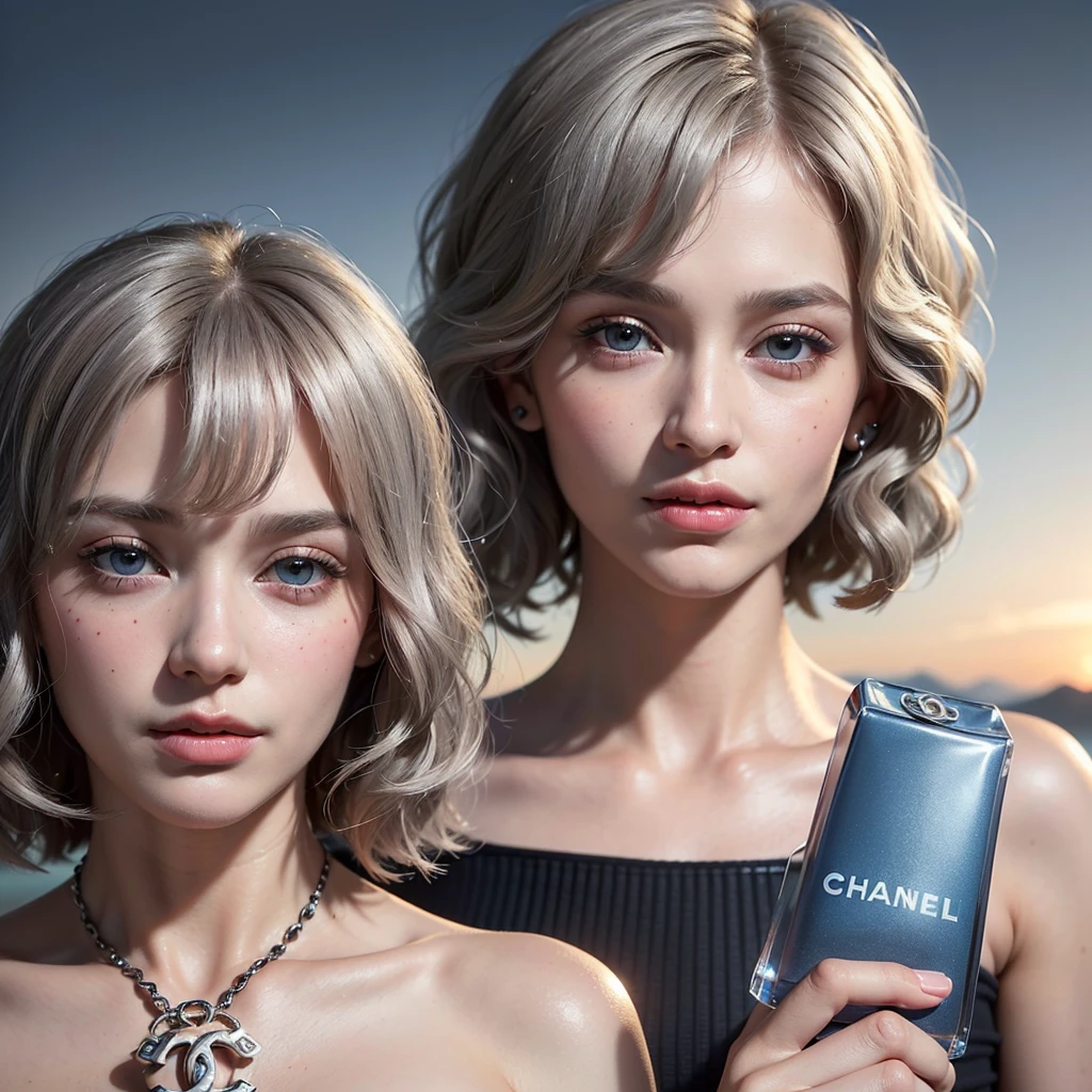 ((top-quality, Photorealsitic:1.4, masterpiece:1.3, RAW Photography:1.2, cinematric light, very detailed illustration), , (ultra delicate face, ultra Beautiful fece, ultra delicate eyes, ultra detailed nouse, ultra detailed mouth, ultra detailed facial features), (medium breast:1.3), lipgloss,
a beautiful woman, ((gray hair)), ((short bob cut)), hair in 7 thirds, light blue eyes, detailed skin, freckled skin, 20 years old, ((wavy hair)), ((hair over one ear)), ((Forehead)), ((1girl, solo)),　((CHANEL No,5 , Perfume)), ((CHANEL No,5 , perfume)), ((holding bottle of perfume near face))
