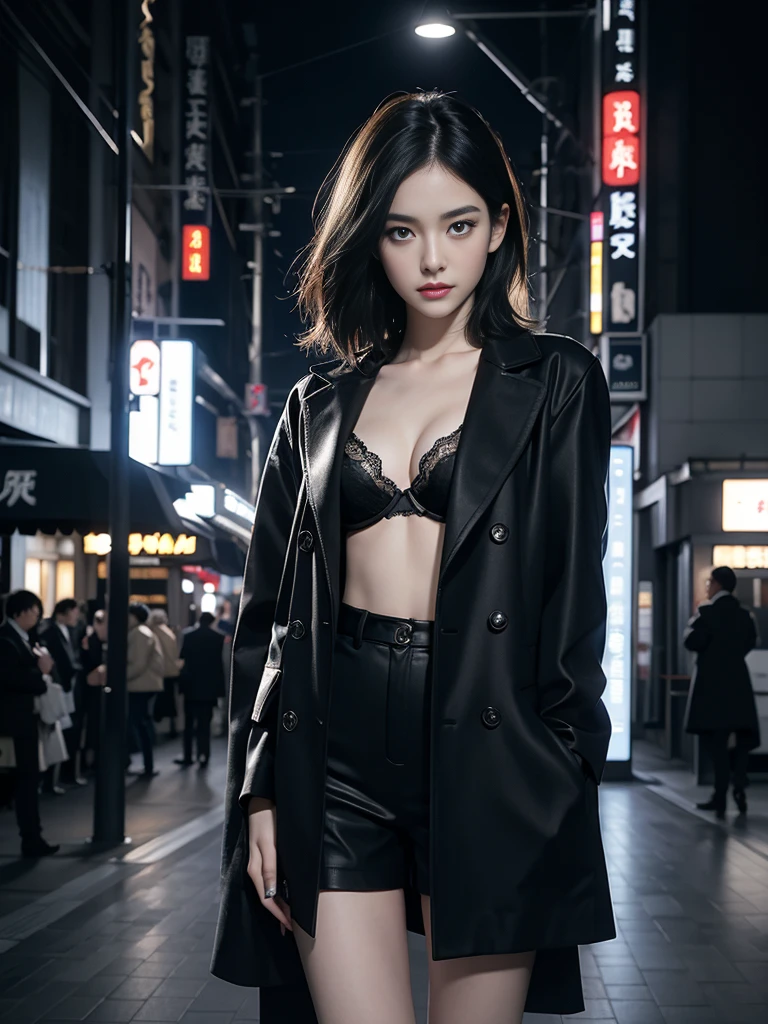  Thin legs, Full body image, bra, Beautiful girl with realistic black eyes, Pale skin, Medium length black hair, Perfect Face, Perfect Eyes, Wearing a coat, Very detailed, Overall Movie, Digital Painting, 8K, Cinema Lighting, Highest quality, High resolution, Detailed work, Post-processing, Perfect results, Ultra-realistic, Tokyo Night