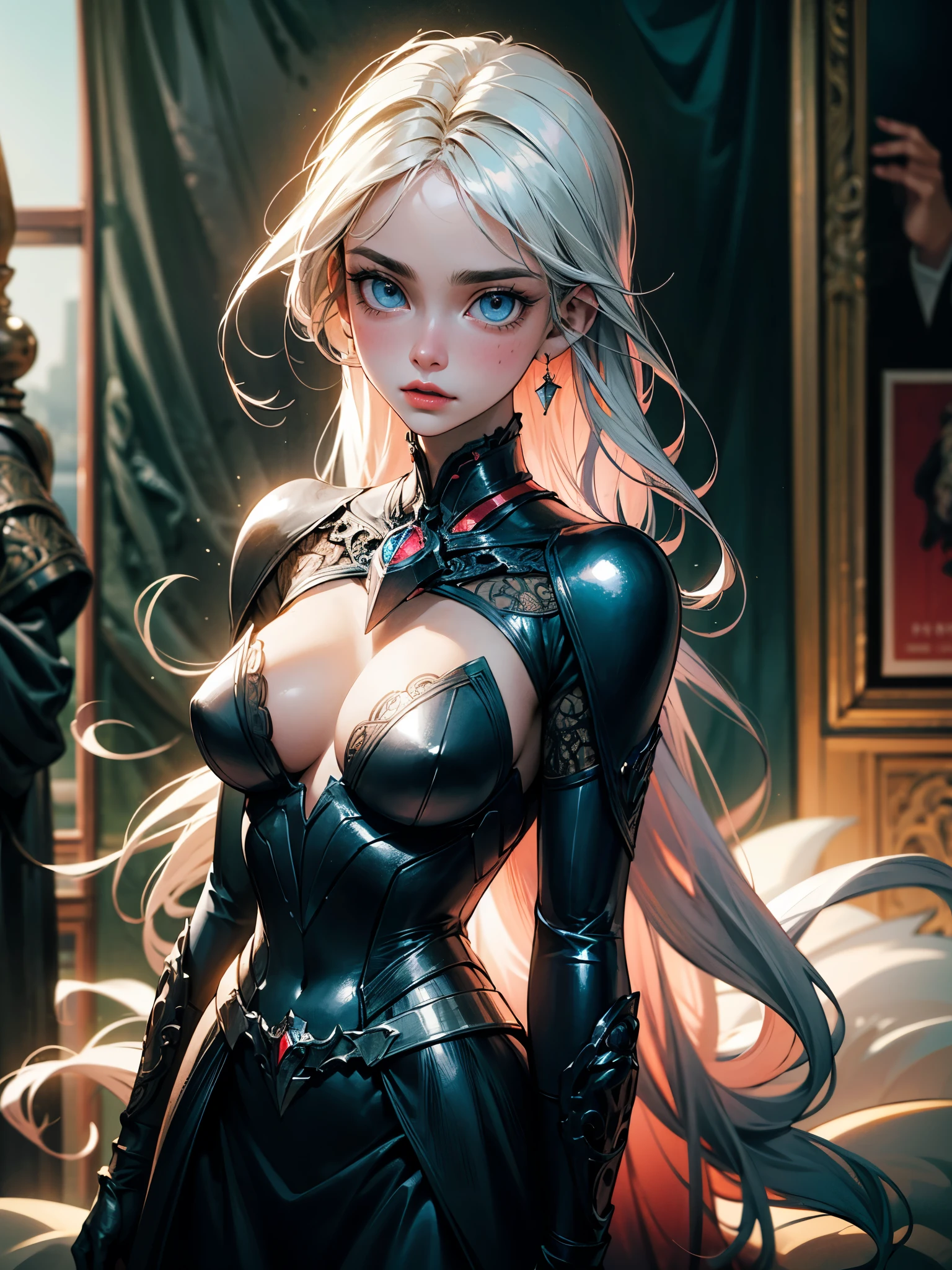 tmasterpiece, hiquality, low agle, Enigmatic, Martian Knightly Fashion, real breasts, big bright blue eyes, gorgeous body, very very long white hair, poster, Transcendental Charm, enchanted, Knightcore Fashion, Secret atmosphere of the best quality, hiquality, absurdress, Masterpiece, Beautiful, intricate details, 1/2 Body trimming, (intricate details:1.12), HDR, (intricate details, hyper-detailing:1.15), (natural skin textures, hyper realisitc, soft light, Sharp:1.2) sultry look, seductive