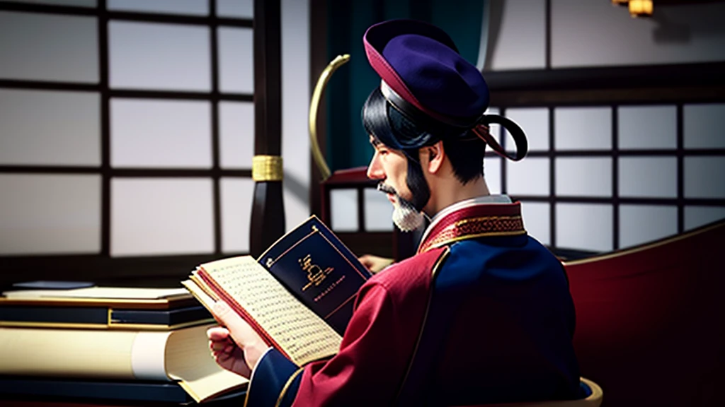 Back view of a japanese man wearing a purple kimono and an old black hat reading an old brown japanese book, centered, scale fit, rule of thirds, (shiny Egyptian ornaments), high resolution, sharp focus, (ultra detailed, highly detailed), (photorealistic artwork: 1.37), (highly detailed CG Unity 8k wallpaper), (((vibrant colors, vibrant theme))), (exquisite), (masterpiece), (best quality), art photography, (photo by sldr), (exquisite background), perfectly rendered face, perfect facial details, realistic face, photorealistic, ((exquisite details)), (((realism))),