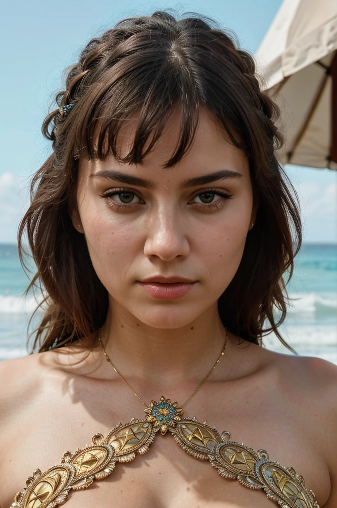 Waist high Portrait of an exotic beautiful caucasian woman wearing trendy clothing at a beach, perfect detailed face, detailed symmetric hazel eyes with circular iris, realistic, stunning realistic photograph, 3d render, octane render, intricately detailed, cinematic, trending on artstation, Isometric, Centered hipereallistic cover photo, awesome full color, hand drawn, dark, gritty, mucha, klimt, erte 12k, high definition, cinematic, neoprene, behance contest winner, portrait featured on unsplash, stylized digital art, smooth, ultra high definition, 8k, unreal engine 5, ultra sharp focus, intricate artwork masterpiece, ominous, epic, TanvirTamim, trending on artstation, by artgerm, h. r. giger and beksinski, highly detailed, vibrant