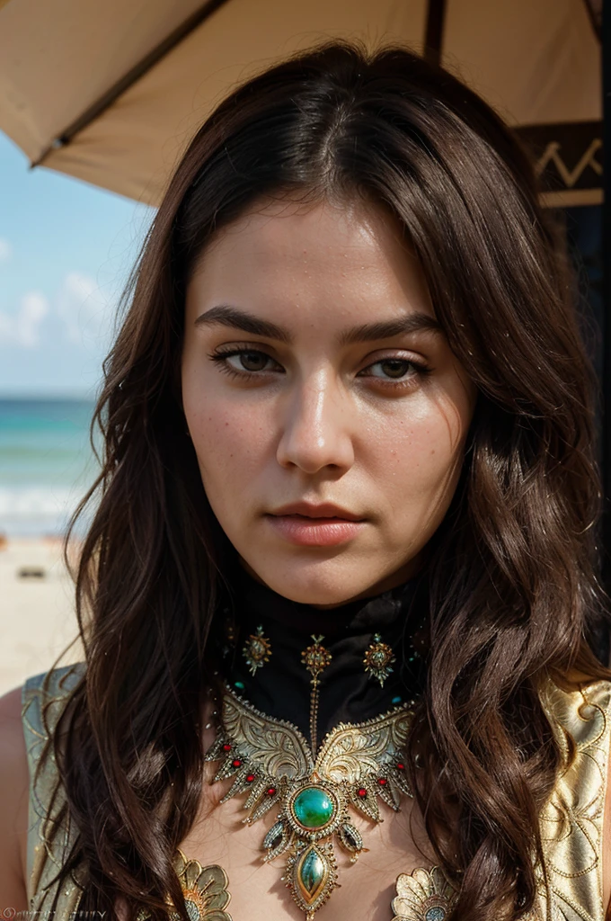 Waist high Portrait of an exotic beautiful caucasian woman wearing trendy clothing at a beach, perfect detailed face, detailed symmetric hazel eyes with circular iris, realistic, stunning realistic photograph, 3d render, octane render, intricately detailed, cinematic, trending on artstation, Isometric, Centered hipereallistic cover photo, awesome full color, hand drawn, dark, gritty, mucha, klimt, erte 12k, high definition, cinematic, neoprene, behance contest winner, portrait featured on unsplash, stylized digital art, smooth, ultra high definition, 8k, unreal engine 5, ultra sharp focus, intricate artwork masterpiece, ominous, epic, TanvirTamim, trending on artstation, by artgerm, h. r. giger and beksinski, highly detailed, vibrant