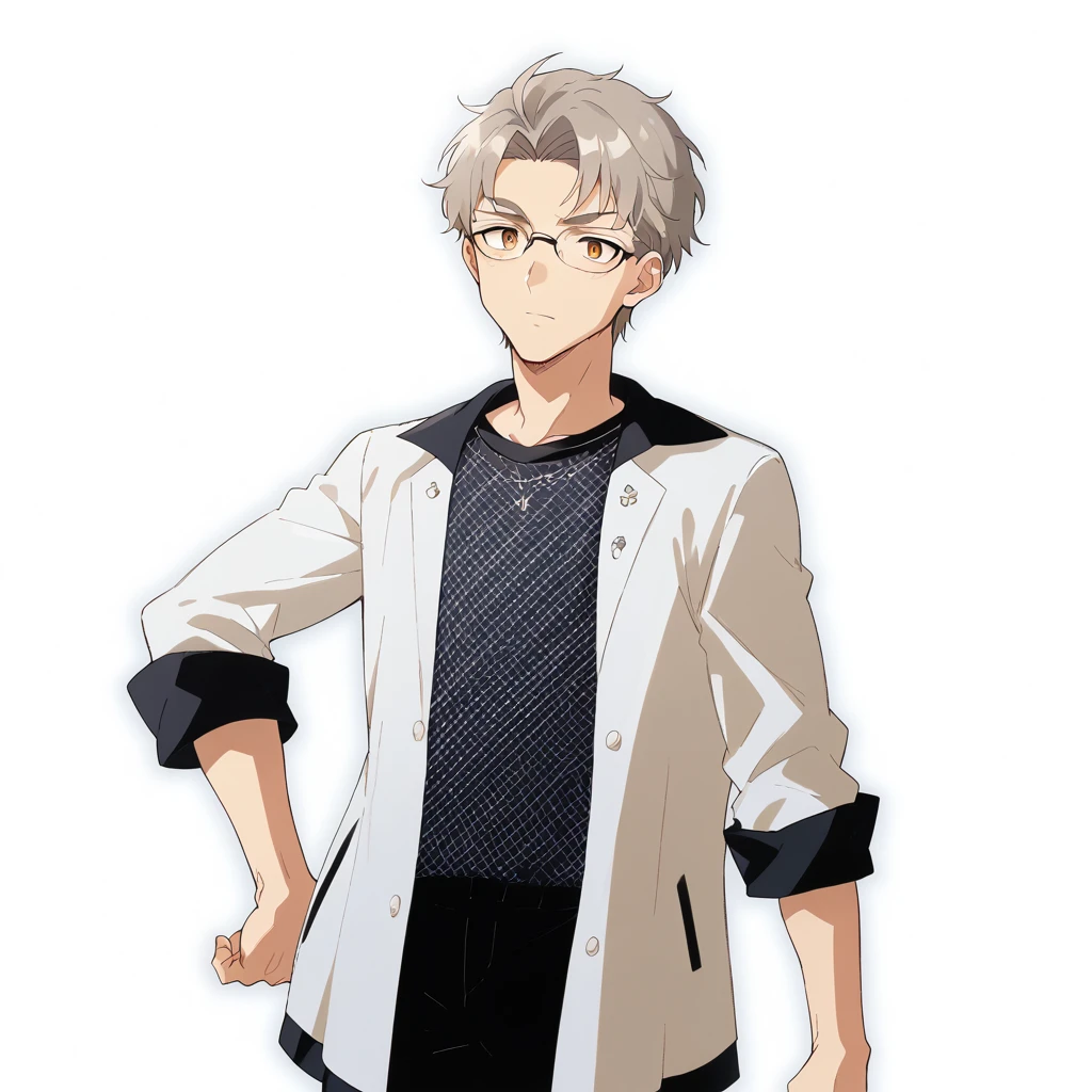 Anime-style image of a man wearing glasses and a white jacket, akihiko yoshida 8 k, Live2D Virtual Youtuber Model, akihiko yoshida!, Single character full body, toru narita, !!Full body portrait!!, Official character art, kaworu nagisa, Single character, makoto shinka, Kentaro Miura Style