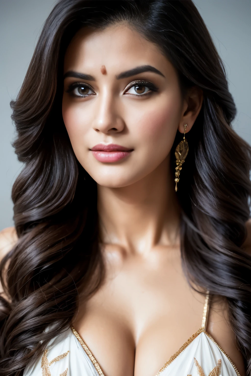 topless Portrait of A confident-looking indian woman with long flowing hair, hazel eyes, with flowing capes, perfect composition, hyperrealistic, super detailed, 8k, high quality, trending art, trending on artstation, sharp focus, topless studio photo, intricate details, highly detailed, art by greg rutkowski, swimsuit, supermodel, full body shot, big butts