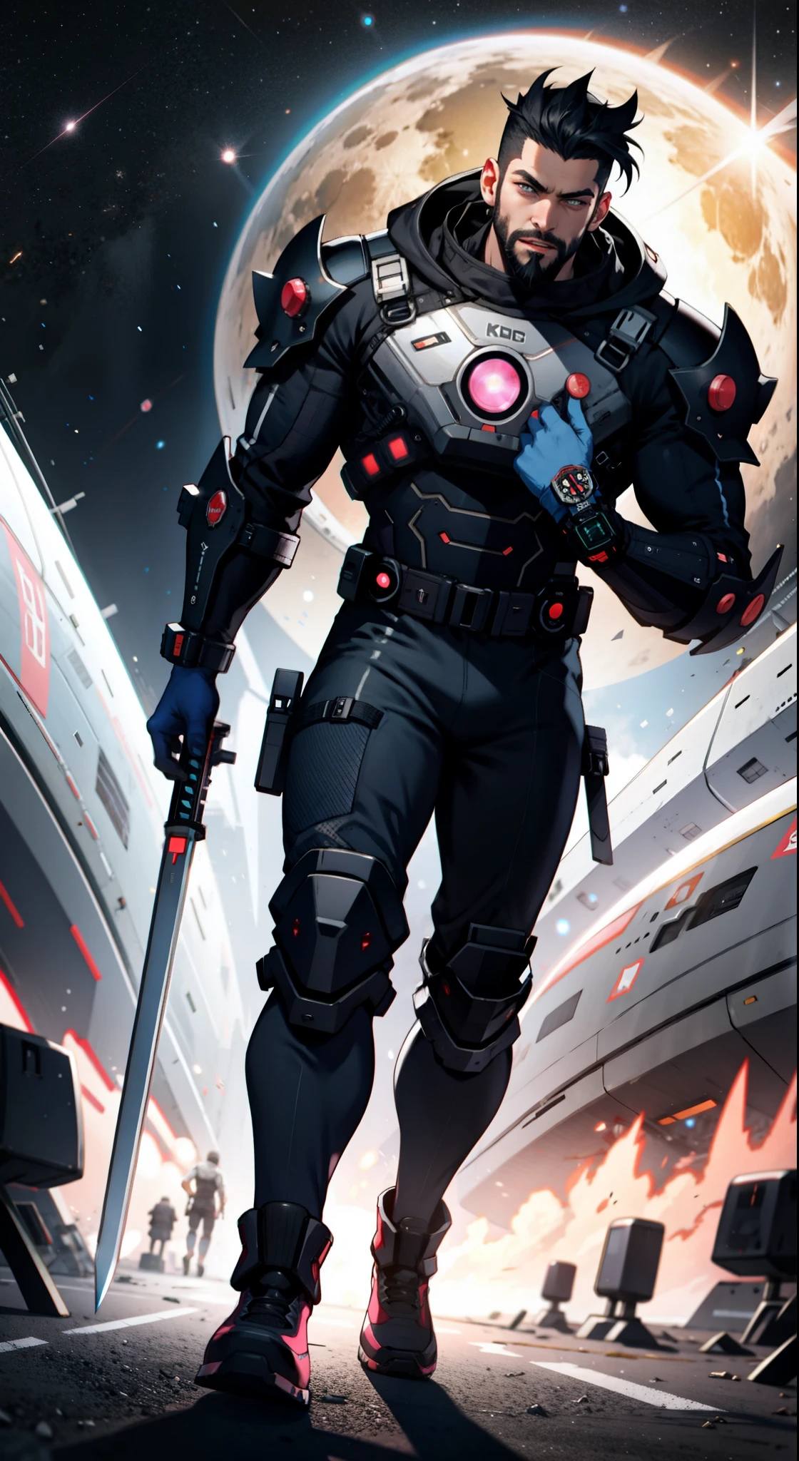 High resolution image of muscular cyberpunk style man with white skin, male face with beard, Bblack hair, showing full body, muscular arms, muscular legs, wearing futuristic space armor, walking on deserted Mars, With Sun, holding a laser sword in his right hand, looking at camera, squared chin, fine nose, pink mouth lips, cloused mouth, well-defined eyes with blue irises, show legs, 8K ultra resolution.