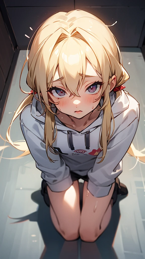 nsfw,(Petite),(A cute boy),blonde low twintails,lips,(Hoodie chest voyeur),Sweat,White Breath,On all fours,Audience peering from above