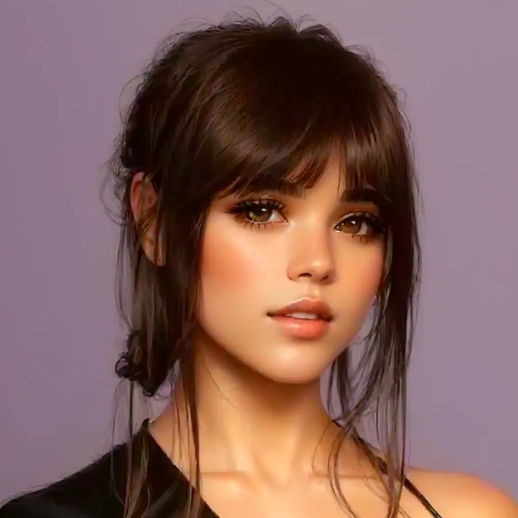 a close-up of a woman with long hair and a black dress, center-parted bangs, brown hair with bangs, isabela moner, brown hair and bangs, with bangs, with full bangs, central split strip, neat hair with bangs, she has black hair with bangs, com brown bangs, curtain bangs, brown bangs, fluffy bangs, I want it with all the realistic characteristics of the photo, but expand the background more and move the distance away from it, She is hugging a friend with white hair and a black dress