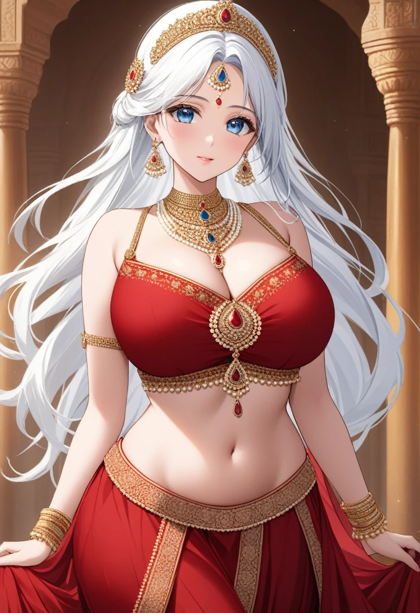 (Top quality, high resolution, accurate, masterpiece, 8k:1.5), (Realistic, Photorealistic:1.3), RAW photo, beautiful princess in indian red gold plated lahenga, necklace, jewelry, hair accessories, long weavy white hair, light makeup, glass skin.,big breasts ,blue eyes,