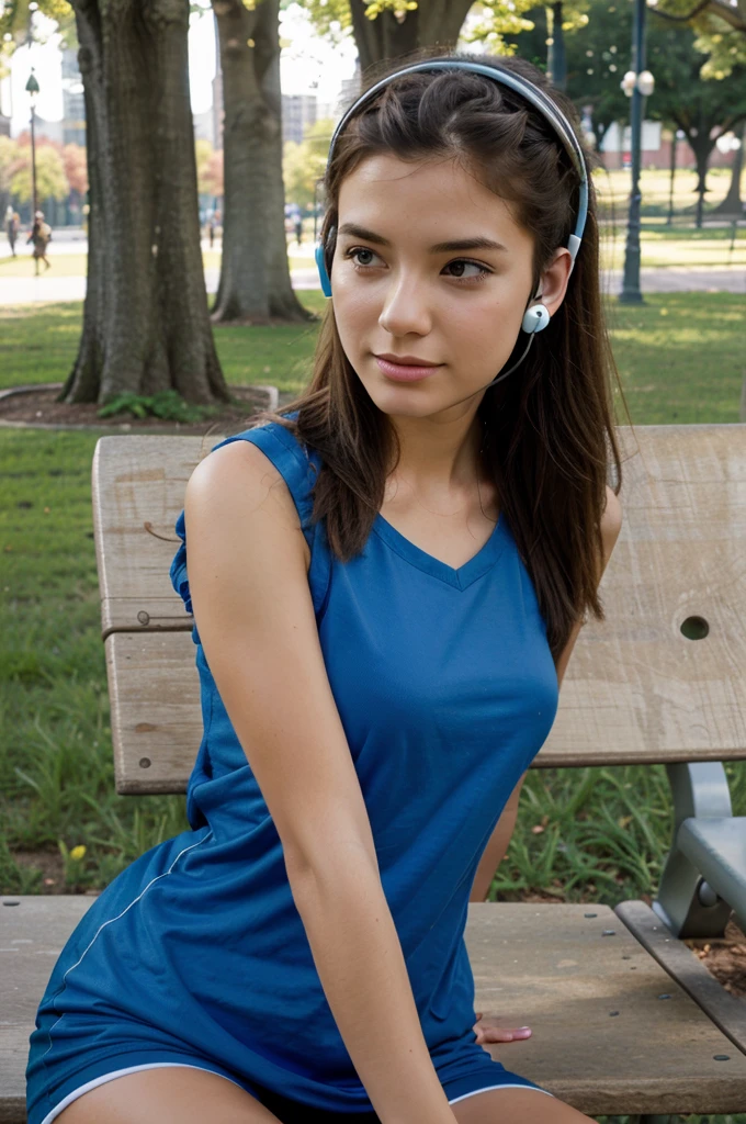 Cartoon a young woman listening to the music using headset in the park bench