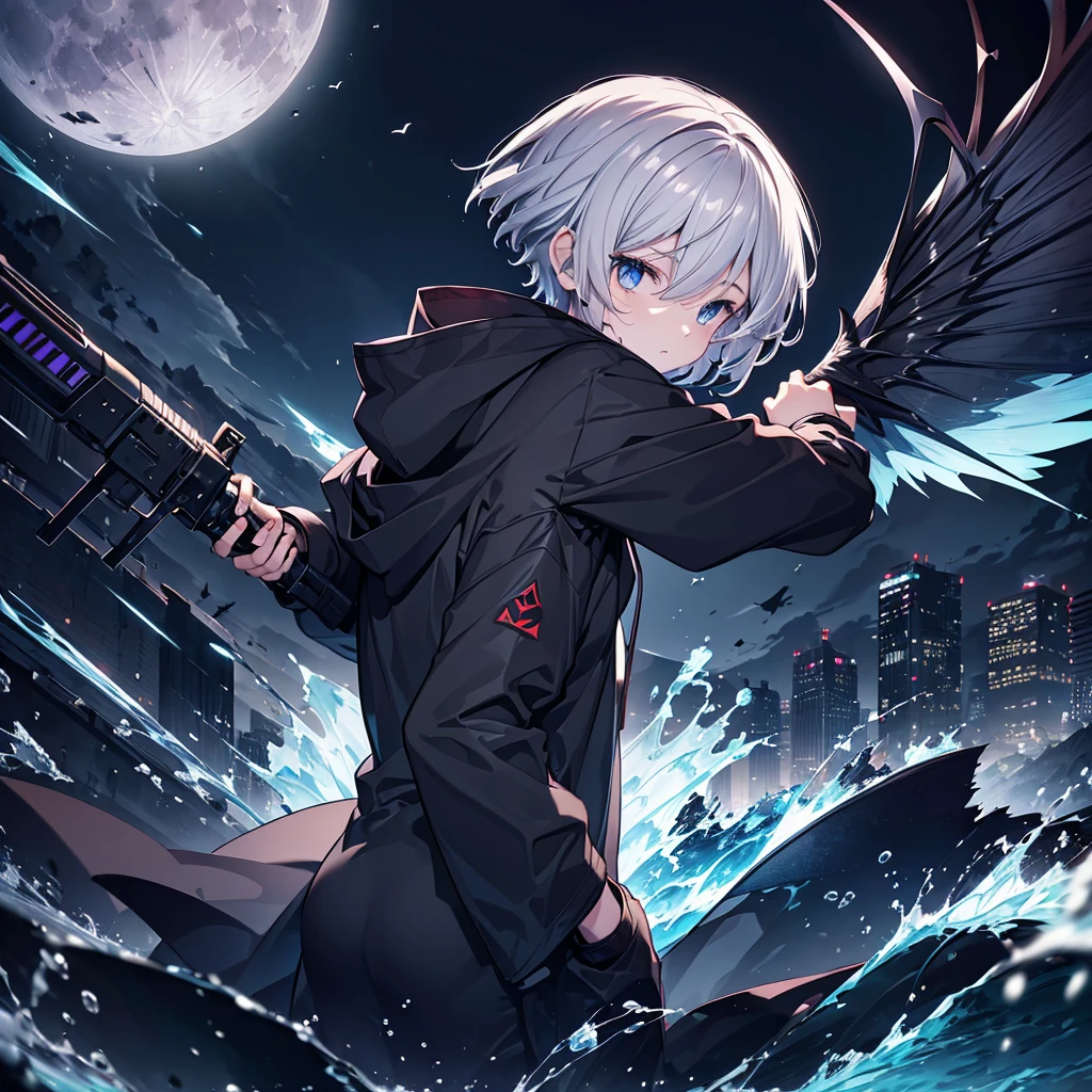 ((((grim Reaper inflammation)))) (((Gray Hair Short Hair blue eyes female Close-up))),((night full moon My own big wings)),(Wearing a hood Black hoodie Purple light), A tense look Shining Background Shining Edge