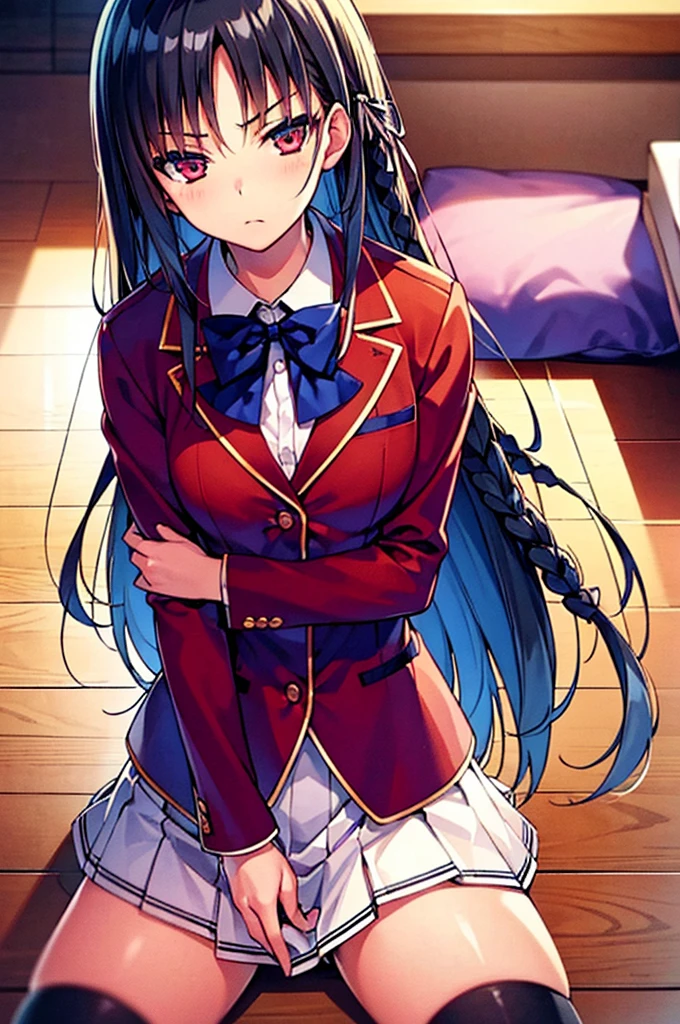 masterpiece, best quality, high resolution, best illustration, super fine illustration, (official art:0.7), anime screencap, detailed beautiful face and eyes, anime keyvisual, (perfect anatomy:1.5), 8k portrait,
1girl,
Suzune Horikita,
Suzune Horikita \(youjitsu\),
long hair, braid,
black hair,
(red eyes:1.2), slant eyes, small eyes,
blue bow,
medium breasts,
(school uniform, red jacket, white skirt, pleated skirt, black thigh-high socks),
looking at viewer,
cowboy shot,
perfect light, background of indoors, lie on the bed, spread legs, nsfw,
