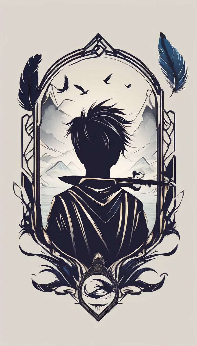 Create a minimalistic, simple, fantastic, easy to understand, logo design of a boy and a feather for an upcoming Role Playing Game called " Penamemoria". The game is about a world of bird and feathers and the inspirational, creative journey of a boy and his acoustic guitar. A boy enters that world and discovers his true artistic identity. Create a logo design that transmits the essence of this videogame and this world. It´s a fantasy game, with fantasy elements. Create the minimalistic logo in the center and a fantasy theme as background. Use the colours blue, white, light golden in the logo.