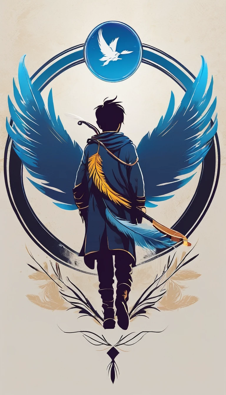 Create a minimalistic, simple, fantastic, easy to understand, logo design of a boy and a feather for an upcoming Role Playing Game called " Penamemoria". The game is about a world of bird and feathers and the inspirational, creative journey of a boy and his acoustic guitar. A boy enters that world and discovers his true artistic identity. Create a logo design that transmits the essence of this videogame and this world. It´s a fantasy game, with fantasy elements. Create the minimalistic logo in the center and a fantasy theme as background. Use the colours blue, white, light golden in the logo.