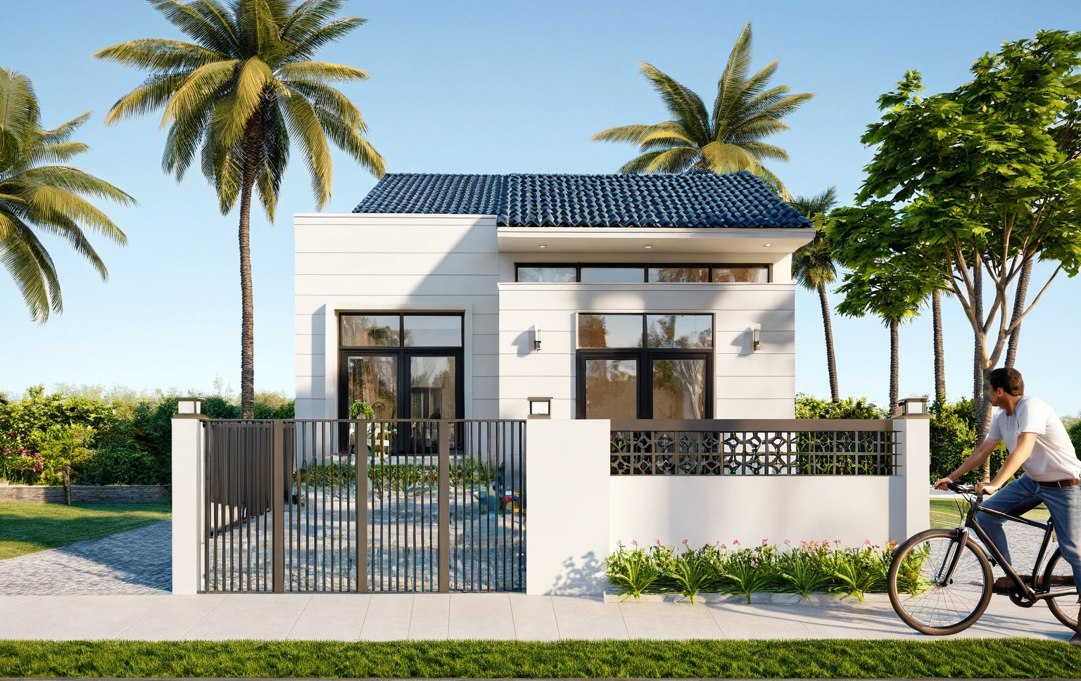 Photo brute,head of&#39;artwork, High quality, best quality, authentique, great detail,
Outside, En plein air, house, Nhamainhat, aiaigroup sur le jardin tropical, Ligne minimaliste,villa de plain-pied, style moderne, gray tile roof brick yard,grass,tropical trees, sky, (jour:1.1),Arrière-plan du jardin tropical
