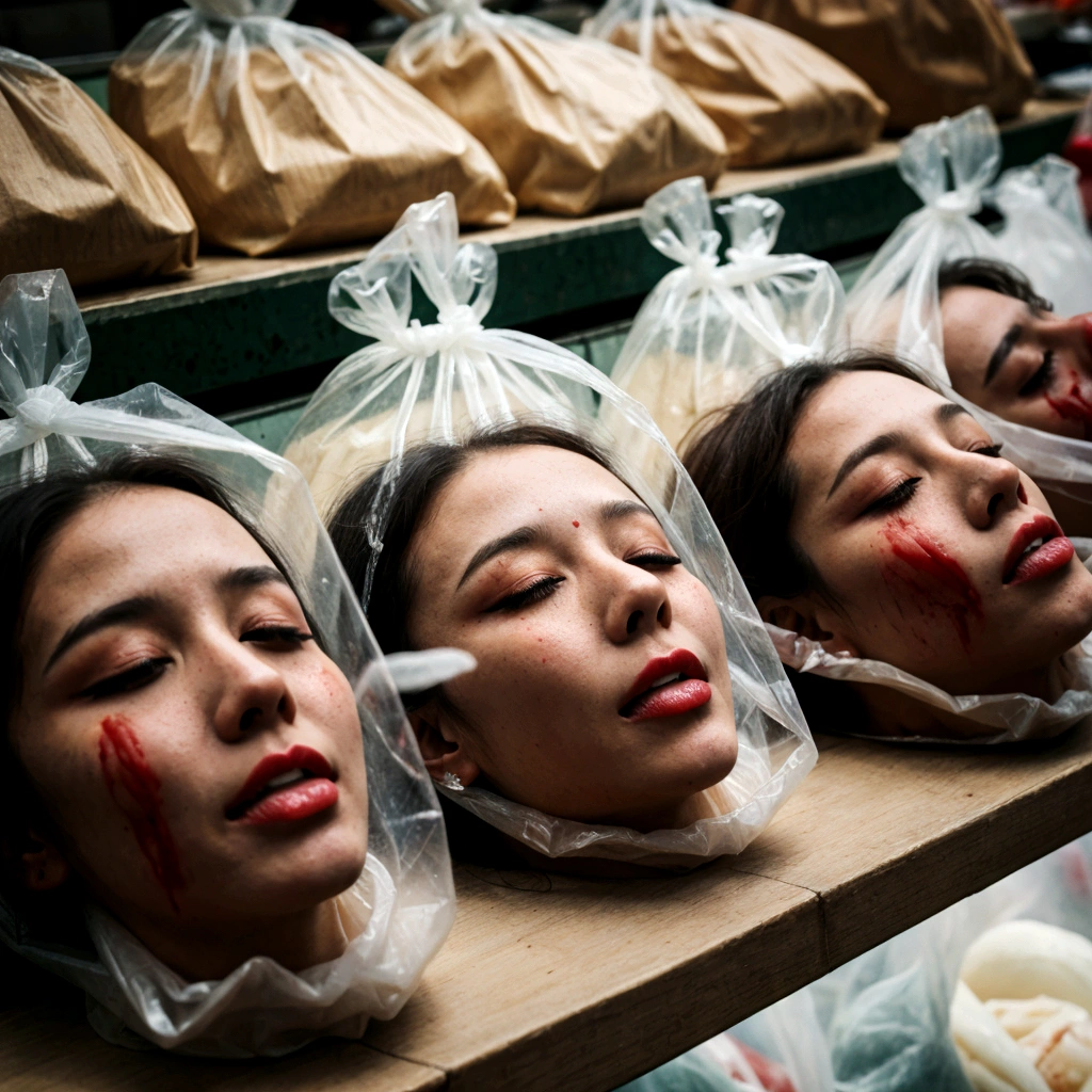 Several decapitated heads of beautiful women in transparent plastic bags, on a table, in a public market, full of blood, blood flowing, ((eyes closed)), bleeding, photorealistic, 4K, Nikon, horror, public market, beautiful asian face