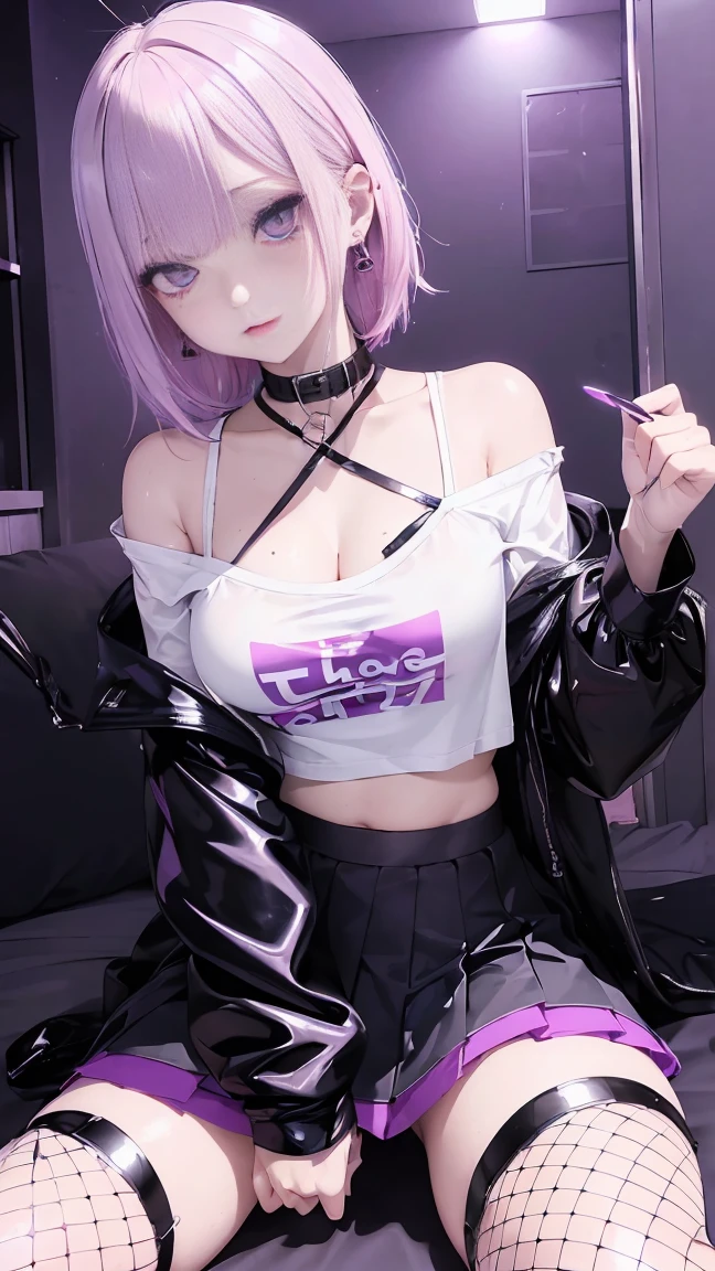 (masterpiece, Highest quality, Highest quality, Official Art, beautifully、aesthetic:1.2), Cinema Lighting、(Key Light：Front 45 degree angle, Subsidy light、Backlight、Shadow、Blue and orange color palette), Accurate human body、Someone knowledgeable、Correct five-finger、RAW Photos、 4K - ultra-vivid、Highest quality, masterpiece, Ultra-high resolution, (reality: 1.4), ／Black long hair/、(((/Black and purple super shiny latex panties/)))、((( White shirt/ , high school girl、Pleated skirt , Cleavage ,Oilskin)))、(Shiny body: 1.5)、 Please wear black sunglasses and be shy.、(Ahegao:1.5)、((/Black Mask/))、Full of embarrassment、Sexy pose、((vapor))、/break/, On the bed in a love hotel、(((/Pink lighting/)))、dim, Nasty room、Desaturation in the room (((Oilskin,Glowing Skin、Realistic skin texture、Beautiful skin in every detail、Shiny skin、Shiny skin)))、 Upper Body Shot, Low camera angle, Written boundary depth, Focus on the center, Fine Eyes, Perfect face and eyes、 1 girl、 17 years old, (Goth Makeup), (White skin), (T-shirt and skirt), (Show below ), (Fishnet tights), (Belly Button Jewelry), (Earrings), (Earringsのついた唇), /Purple eyes/, /Short black emo hair/, (Big Breasts), (8K), (wallpaper), (Dynamic Lighting), (Detailed face and eyes:1.2)、Short skirt、Low-cut platform boots and oversized shirts、Off the shoulder, /break/