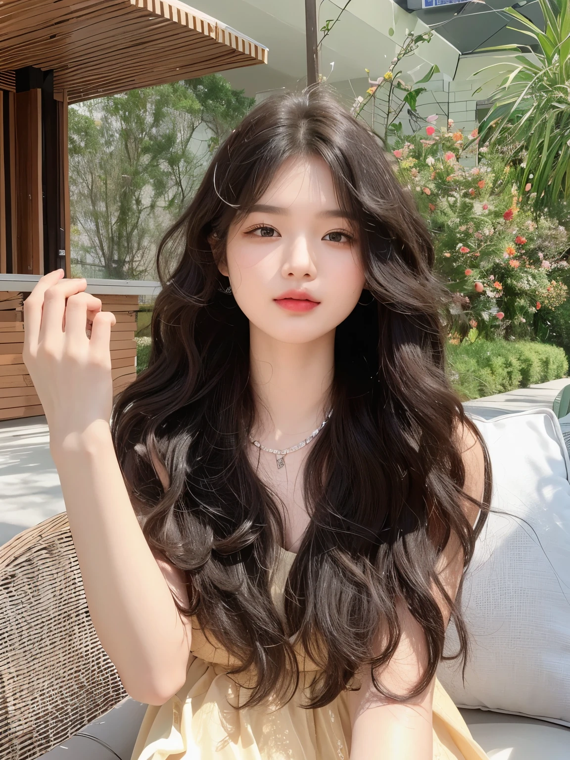 masterpiece,Best quality,一头黑棕色长curls的女孩,Facing the camera,black hair,长curls,Flowing long hair,A girl,Exquisite facial features,Middle parted bangs hairstyle,curls,20 years old,Chinese Girl,