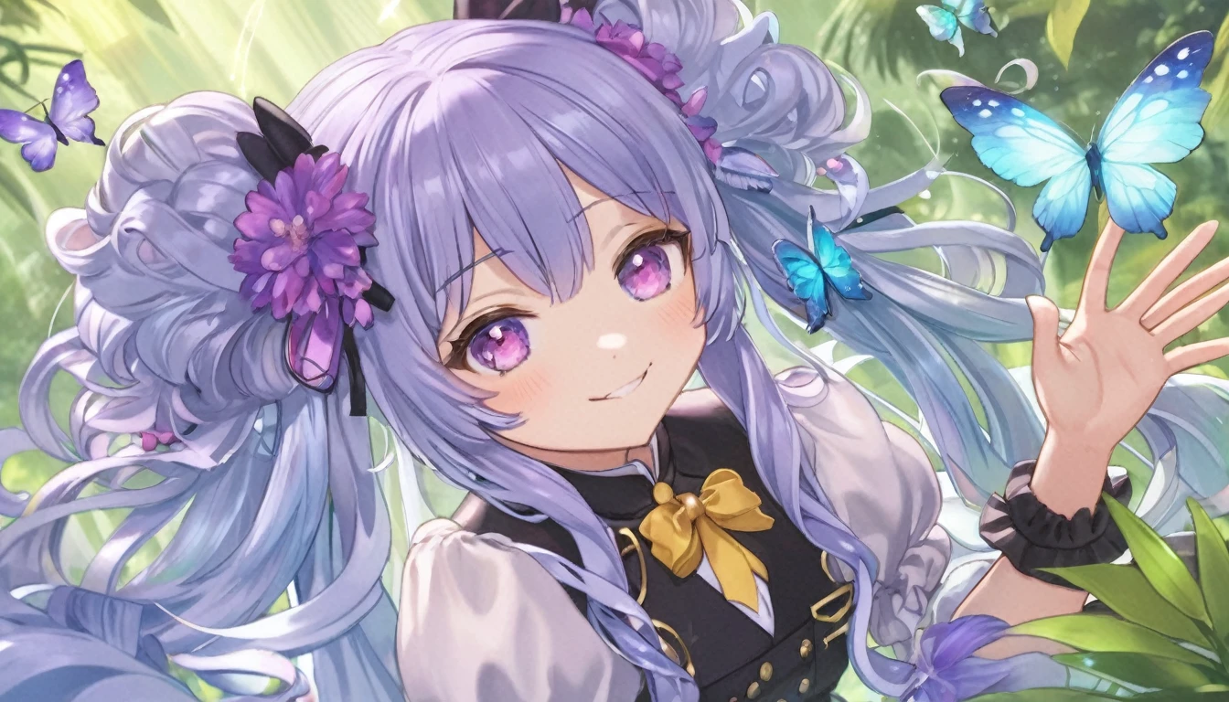 pretty, anime, pastel, neon, vtuber-fullbody vtuber-halfbody, kawaii Masterpiece, young woman, sitting down, parted lips, black eyes, fluffy curly hair, bangs, ahoge, light brown hair, rosy cheeks, short sleeve, black and purple dress, puffy sleeves, black gloves, purple ribbons, ((faded iris)), myceliumtech, scifi, Mycelia, spongy, PsychedelicMasterpiece, ((Faded iris)), flowers, smile, water effect, ahoge, looking up, upper view, yuki miku, very long blue hair, twintails, hair ornament, blue eyes, kawaii looking upupper viewhair ornament(masterpiece:1.2), (hires:1.2), (better hands:1.2), beautiful hands, perfect anatomy, holding star, 1boy, antenna hair, choker, white jacket, shoulder-belt, collared shirt, ear piercing, chain earrings, gradient, stars hair ornament, male focus, multicolored hair, purple hair, yellow strands, yellow necktie, (eye1 purple, eye2 yellow, heterochromia), starlight, starMasterpiece, young girl, white hair, fluffy hair, ahoge, medium length hair, bird feathers, sky, jungle, feather ears, white bird wings, vibrant colors, flowers, flower crown, leaves, white silk dress, detailed sleeves, strewn plants, hair over eyes, butterfly style, more_details:-1, more_details:0, more_details:0.5, more_details:1, more_details:1.5, (((ultra detailed))), softcore, kawaii, 