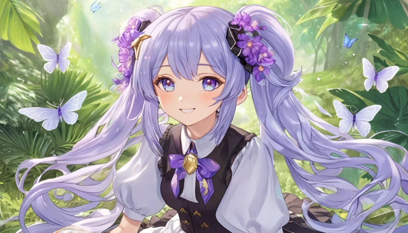 pretty, anime, pastel, neon, vtuber-fullbody vtuber-halfbody, kawaii Masterpiece, young woman, sitting down, parted lips, black eyes, fluffy curly hair, bangs, ahoge, light brown hair, rosy cheeks, short sleeve, black and purple dress, puffy sleeves, black gloves, purple ribbons, ((faded iris)), myceliumtech, scifi, Mycelia, spongy, PsychedelicMasterpiece, ((Faded iris)), flowers, smile, water effect, ahoge, looking up, upper view, yuki miku, very long blue hair, twintails, hair ornament, blue eyes, kawaii looking upupper viewhair ornament(masterpiece:1.2), (hires:1.2), (better hands:1.2), beautiful hands, perfect anatomy, holding star, 1boy, antenna hair, choker, white jacket, shoulder-belt, collared shirt, ear piercing, chain earrings, gradient, stars hair ornament, male focus, multicolored hair, purple hair, yellow strands, yellow necktie, (eye1 purple, eye2 yellow, heterochromia), starlight, starMasterpiece, young girl, white hair, fluffy hair, ahoge, medium length hair, bird feathers, sky, jungle, feather ears, white bird wings, vibrant colors, flowers, flower crown, leaves, white silk dress, detailed sleeves, strewn plants, hair over eyes, butterfly style, more_details:-1, more_details:0, more_details:0.5, more_details:1, more_details:1.5, (((ultra detailed))), softcore, kawaii,