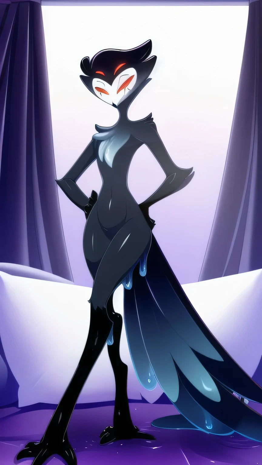 MXL (style), ((masterpiece)), ((8k quality)), (no watermark), stolas, male, sleek, shiny black slime body, goo, gooey, long tail feathers, avian, avian tail, black body, butt, solo, detailed bedroom, looking at viewer, wide hips, smirking, one hand on hips, shiny, slimy, perfect body, inviting eyes, front view, strutting towards viewer, thighs, seductive pose, dripping goo
