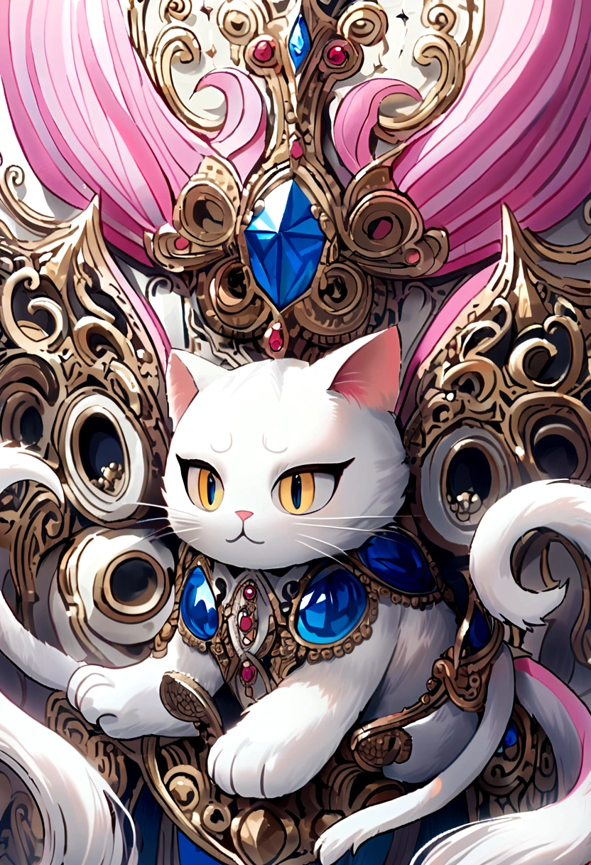 White cat，The tail of the hair has a blue color，largeeyes，Round head，Pink ears，adolable，Smart
