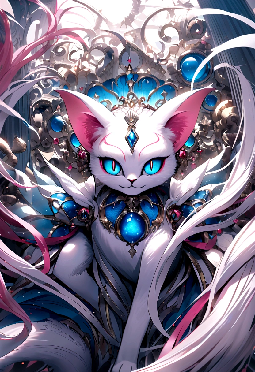 White cat,The tail of the hair has a blue color,largeeyes,Round head,Pink ears,adolable,Smart