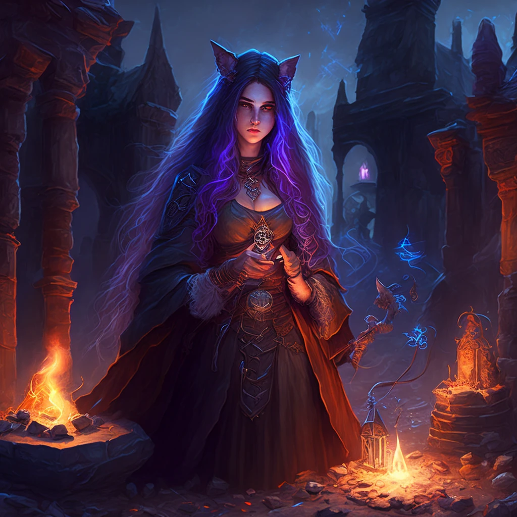 Dungeons And Dragons,furry young beautiful female ratman, ,long hair,wide hips,Big bust,Hair,witch,engaged in occultism in the ruins,pentagram drawn on the ground, casts a spell,the city is visible in the background,night,