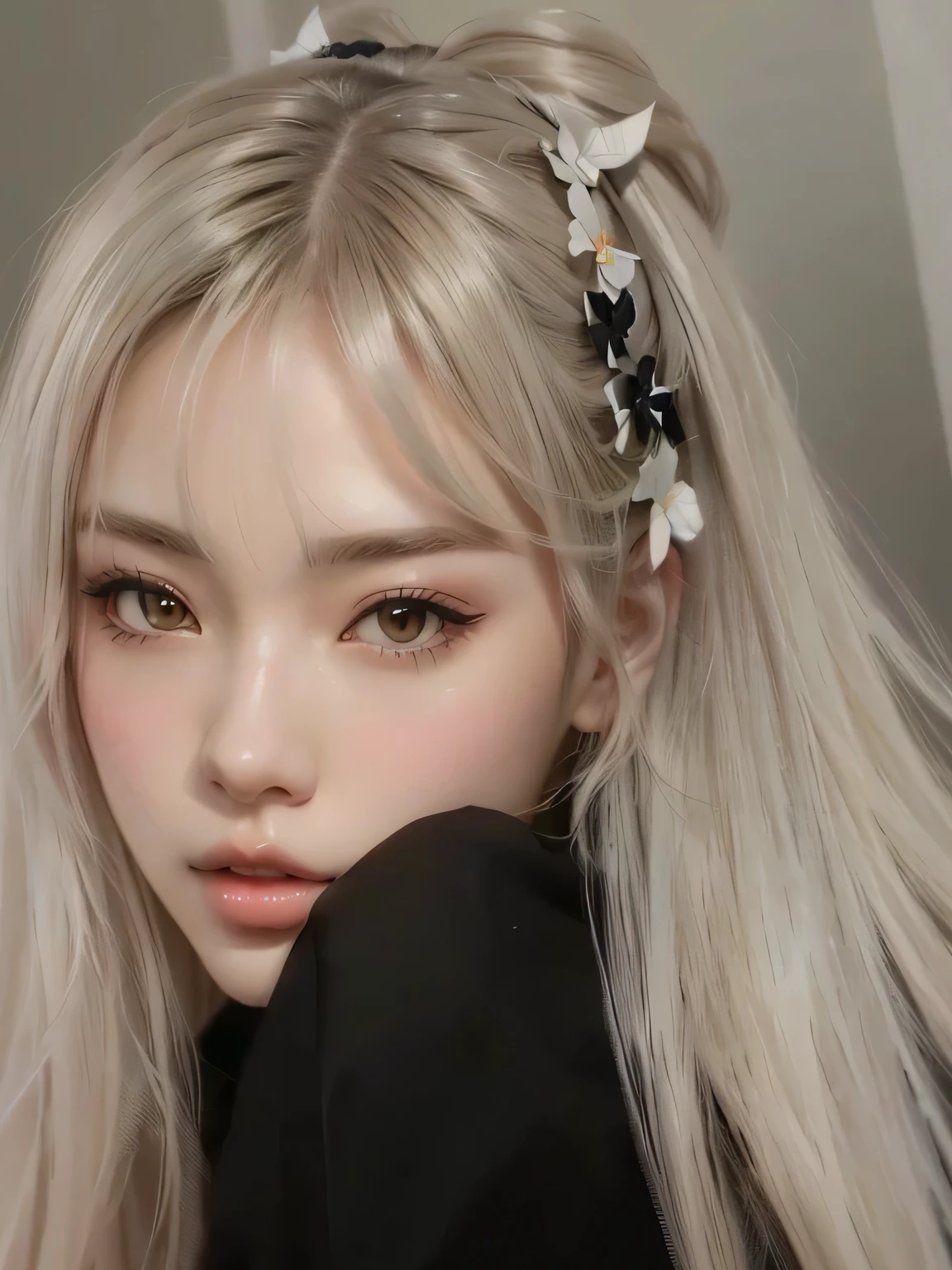 cropped image of a woman with long hair and a bow in her hair, kawaii realistic portrait, artwork in the style of guweiz, realistic art style, realism art style, anime styling 3 d realista, Guweiz, anime realism style, realistic anime art style, Retrato de Jossi do Blackpink, anime styling. 8K, anime stylingd 3d