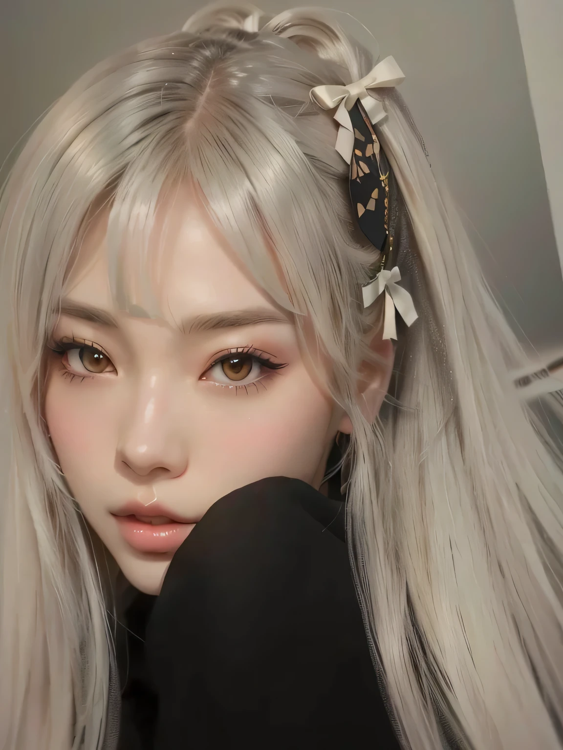 cropped image of a woman with long hair and a bow in her hair, kawaii realistic portrait, artwork in the style of guweiz, realistic art style, realism art style, anime styling 3 d realista, Guweiz, anime realism style, realistic anime art style, Retrato de Jossi do Blackpink, anime styling. 8K, anime stylingd 3d