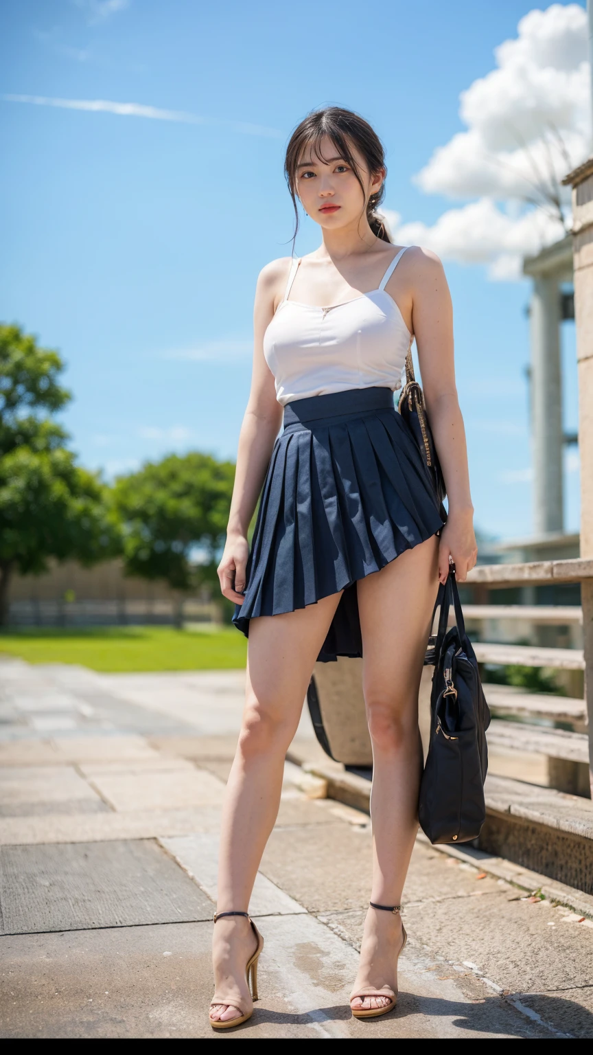 ((Viewing angle from below:1.52、Highest quality、masterpiece、32k、Every detail))、(((A strong wind blows up her hair and skirt:1.62)))、Descend the outdoor stairs、commute、whole body、Traditional navy blue sailor uniform、White blouse、(((Mini Pleated Skirt, No underwear:1.22)))、((She always wears the strap of her bag across her body.:1.42))、One Girl、((((Big Breasts、barefoot, High heels))))