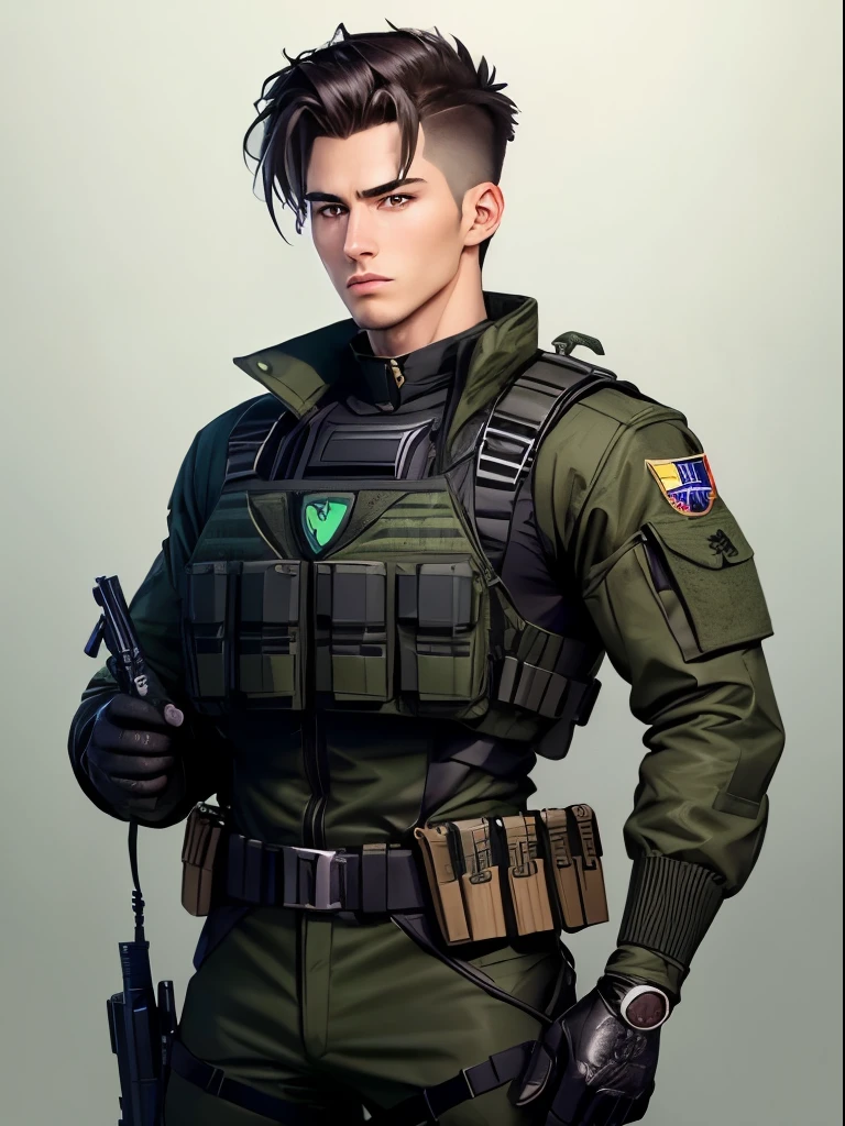 ((best quality)), ((masterpiece)), ((anime)), portrait of handsome 25-year old guy, wearing green camouflage combat suit and combat helmet, (black bulletproof vest: 1.3), black half-gloves, (grenade belt: 1.3), (holding grenade:1.1), stunning, tall, bright hair, fancy haircut, (epic pose) (8k resolution:1.2) Negative prompt: cropped, realistic, female, woman, 3d, cartoon, sketches, (worst quality, bad quality, , cropped:1.4)