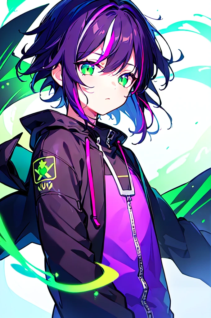 [(WHITE BACKGROUND:1.5),::5], ((((masterpiece)))), high quality, ultra very high resolution, full color, (((solo))), ((little boy)), black hair, ((purple streaked hair)), (green eyes), anime, ((upper body)), neon light, black parka, (green flame effect:1.2)