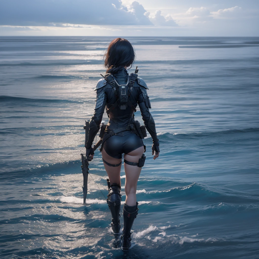 (full body, 1girl, solo, highly detailed, anatomy correct, from behind, crossbow in the back, a shoreline, taken from the distance:1.4), domino_operator, red latex bodysuit, black short hair, black gloves, black boots, tactical gear, ((Best quality, masterpiece, Very beautiful woman)), Depth-of-field, Multi-layered textures, HDR (High Dynamic Range), Ray Tracing, NVIDIA RTX, Unreal 5, Subsurface scattering, PBR Texturing, Post-processing, Anisotropic Filtering, Maximum clarity and sharpness, Wide aperture, Low ISO, White balance, Rule of thirds, 8K RAW, (extremely slutty), (Highly realistic skin), sharp image, (extremely high quality artwork), there is a battleship in the distance,