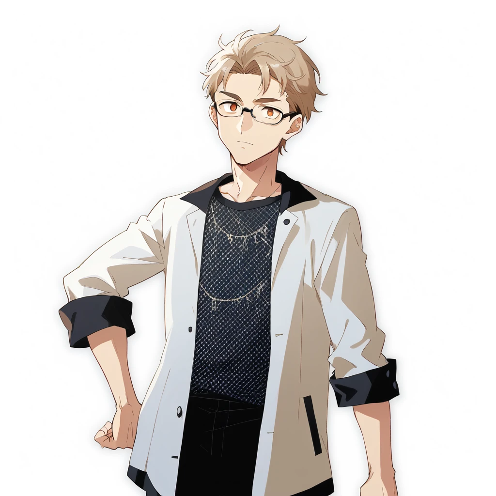 Anime-style image of a man wearing glasses and a white jacket, akihiko yoshida 8 k, Live2D Virtual Youtuber Model, akihiko yoshida!, Single character full body, toru narita, !!Full body portrait!!, Official character art, kaworu nagisa, Single character, makoto shinka, Kentaro Miura Style