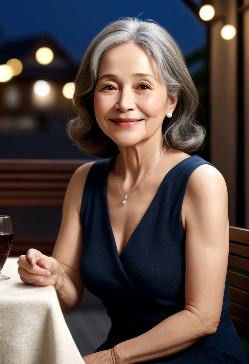 (8K, RAW Photos, Highest quality, masterpiece:1.2), (Realistic, photo-Realistic:1.37), Super detailed, 60 years old,1 female,round face,cute, alone,Talking,night,Sitting,Date,(smile:1.1),(Reduce skin exposure)
