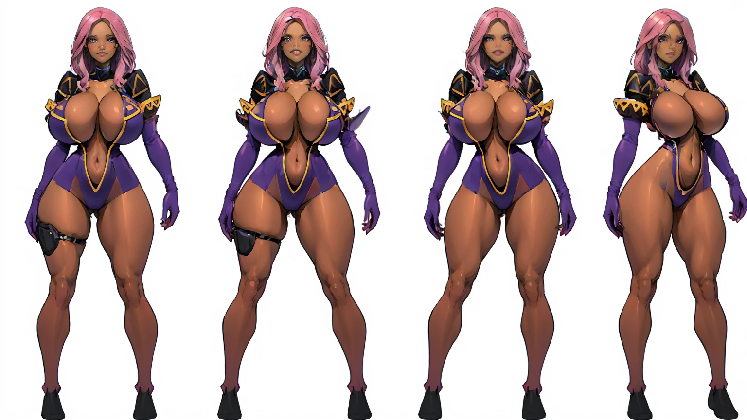 ((character concept art)), ((character design sheet, same character)),(full body view),(adult MILF), Solo, Tall stature, (voluptuous:1.3), (dark pink bodysuit), ((( huge fake breasts:7.9 ))),goddess, pink eyes, big eyes, light pink skin, oiled tan skin, tan lines, full lips, gloss pink lipstick, pink braided hair, seductive face, blushing, seductive standing pose,