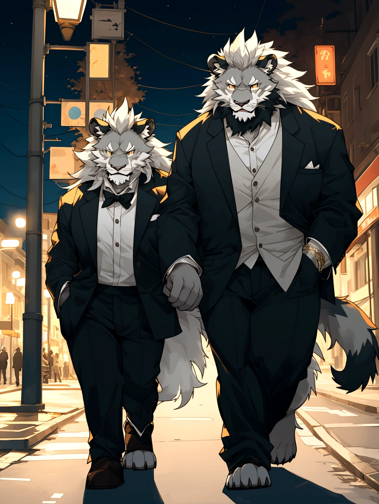 A boy and a old man walking down the street at night,anthro wolf,anthro lion,