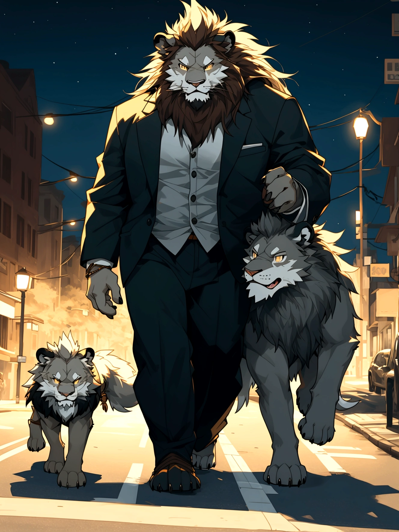 A boy and a old man walking down the street at night,anthro wolf,anthro lion,
