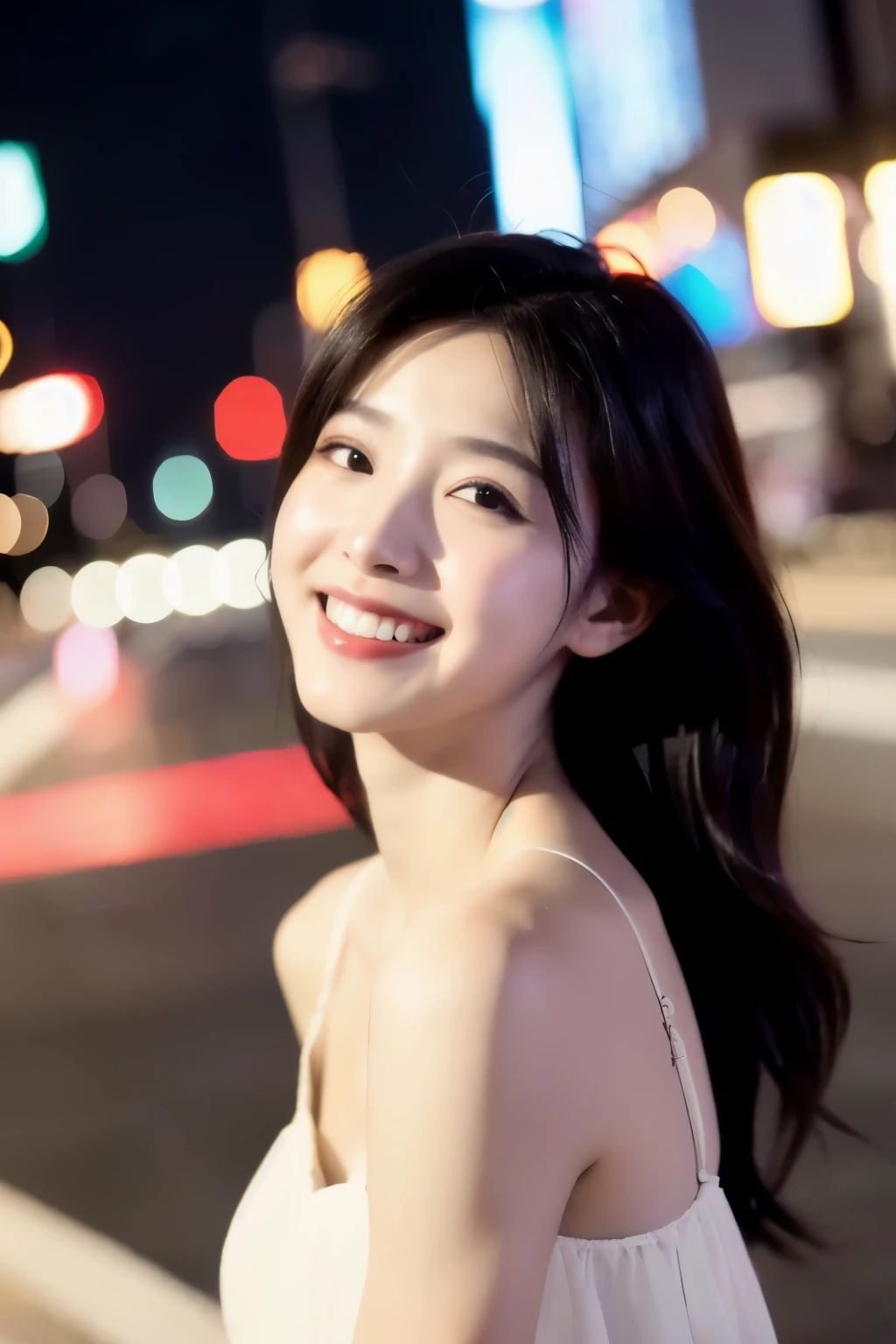 (Cinematic aesthetics:1.4) Bokeh city night photo of beautiful Korean fashion model、Beautiful teeth、White Dress、smile、Korean Idol
