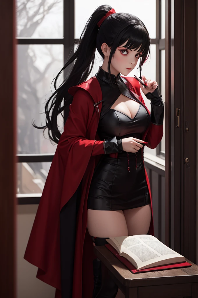 A girl in a red goth costume, double ponytail black hair, red pupils, leafing through a large black book with a magic twist,