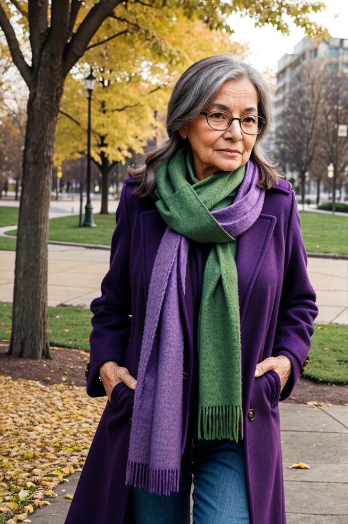masterpiece, best quality, an old woman with glasses and a scarf on, wearing a purple coat and green scarf, standing at the park