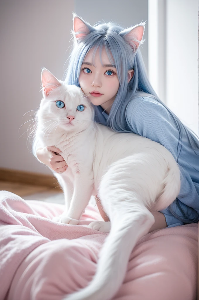 White cat,The tail of the hair has a blue color,largeeyes,Round head,Pink ears,adolable,Smart