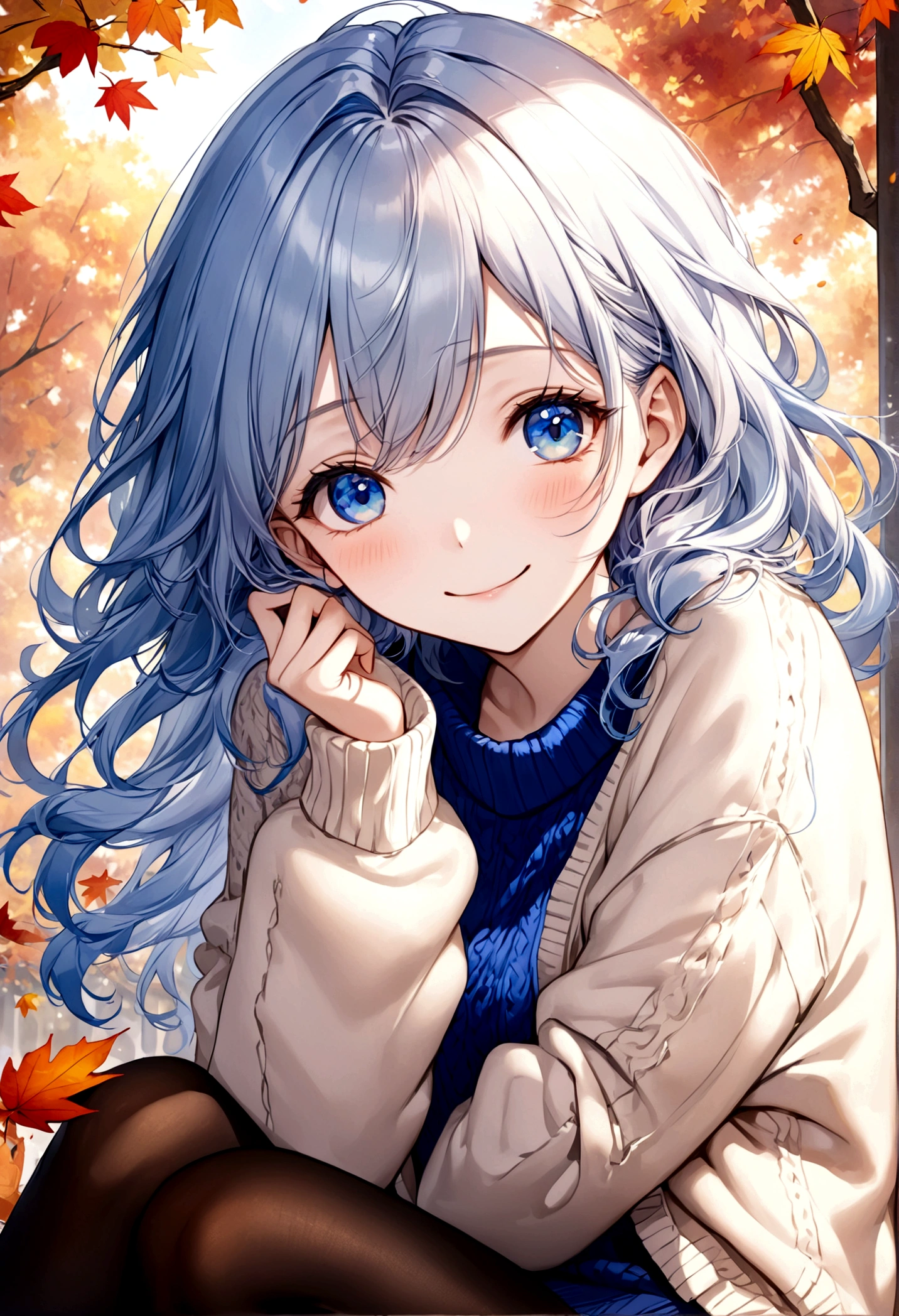 ((top-quality)), ((masterpiece)), ((ultra-detailliert)), (extremely delicate and beautiful), beautiful woman, bright light blue hair, long wavy hair, sapphire blue eyes, cozy sweater, sheer black pantyhose, sweet smile, relaxed expression, fair complexion, autumn background