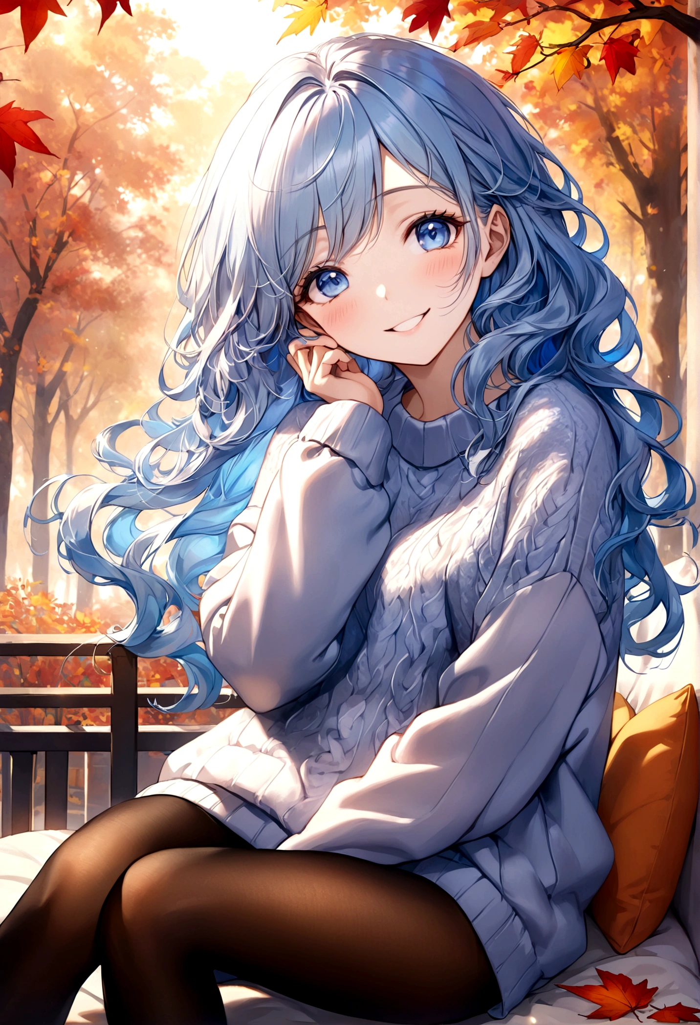 ((top-quality)), ((​masterpiece)), ((ultra-detailliert)), (extremely delicate and beautiful), beautiful woman, bright light blue hair, long wavy hair, sapphire blue eyes, cozy sweater, sheer black pantyhose, sweet smile, relaxed expression, fair complexion, autumn background