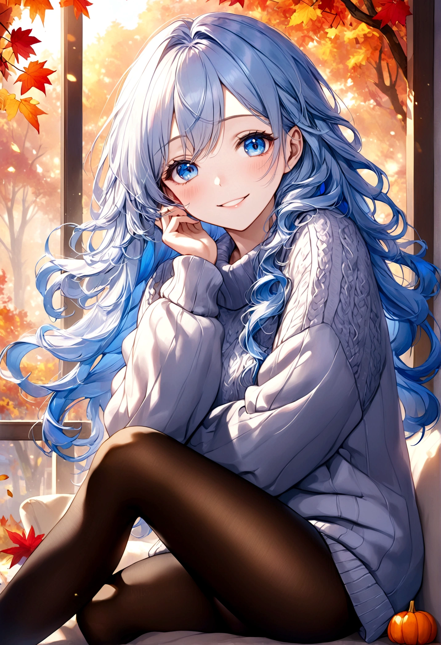 ((top-quality)), ((​masterpiece)), ((ultra-detailliert)), (extremely delicate and beautiful), beautiful woman, bright light blue hair, long wavy hair, sapphire blue eyes, cozy sweater, sheer black pantyhose, sweet smile, relaxed expression, fair complexion, autumn background