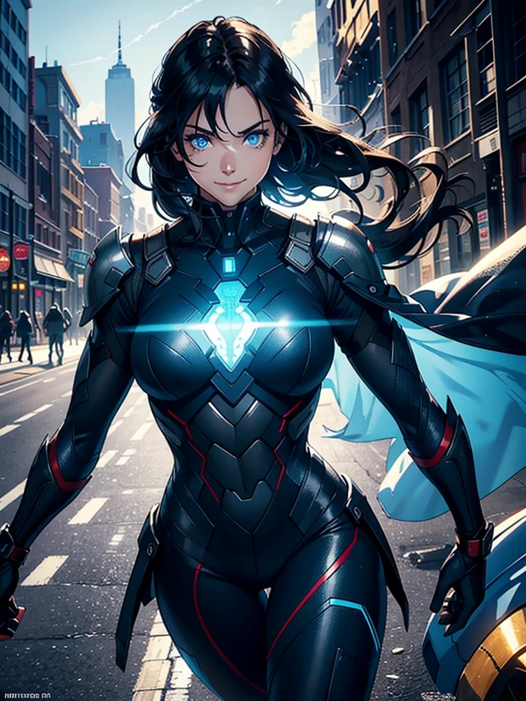 16K, HDR,UHD, RTX, ray tracing, chiaroscuro, best quality, masterpiece, ethereal, perfect illustration, digital artwork, trending on artstation, jaw-dropping perfection, ultra realistic, textured amazing lighting effects, perfect shadows, WLOP, 1girl, beautiful mature edgy woman in a cool long jacket and black pants, superhero suit, stomach covered by clothing, shoulder-length hair, shoulder-length hair, wavy hair, black hair, highly detailed glowing blue eyes, glowing eyes, blue eyes, beautiful glowy blue eyes, detailed eyes, beautiful face, perfect anatomy, broad shoulders, strong upper-body, modern city, city, beautiful weather, stunning sunshine, sunny, daylight, sunlight, modern, nature, daytime, superhero, uplifting, heroic, heroic pose, smiling, smiling at camera, athletic, hands near hips, glowy eyes, daytime, black and blue superhero suit, metal shoulder-pads, summertime, radiant sunlight, beautiful cityscape, hair blowing in wind, manly shoulders, big smile, wide smile, happy eyes, joyful, smiling with teeth, very tall, wide shoulders, tall